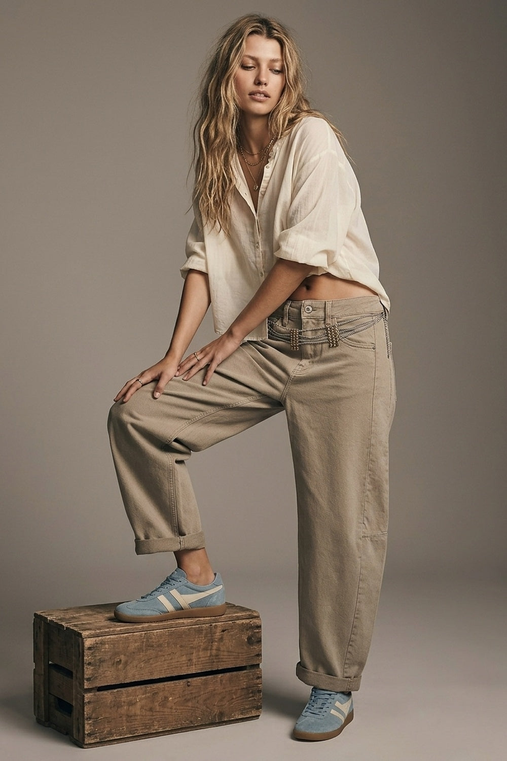 Trendy Beige Baggy Barrel Balloon Jeans with Pockets - Coloured Jeans