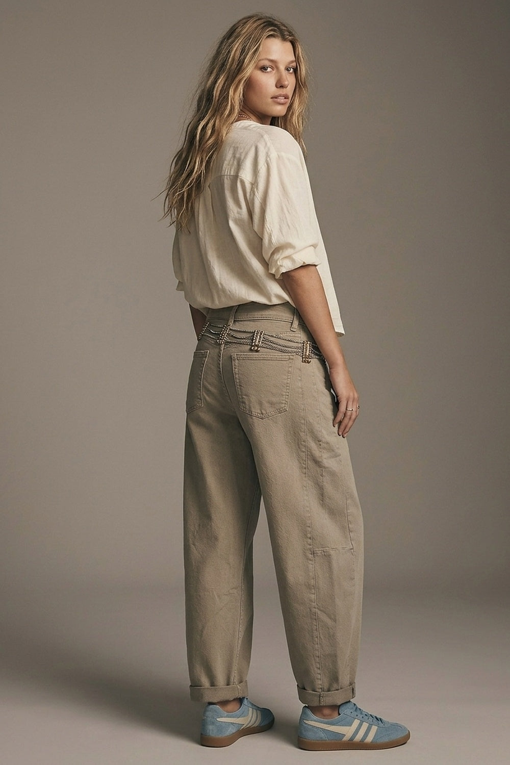 Trendy Beige Baggy Barrel Balloon Jeans with Pockets - Coloured Jeans