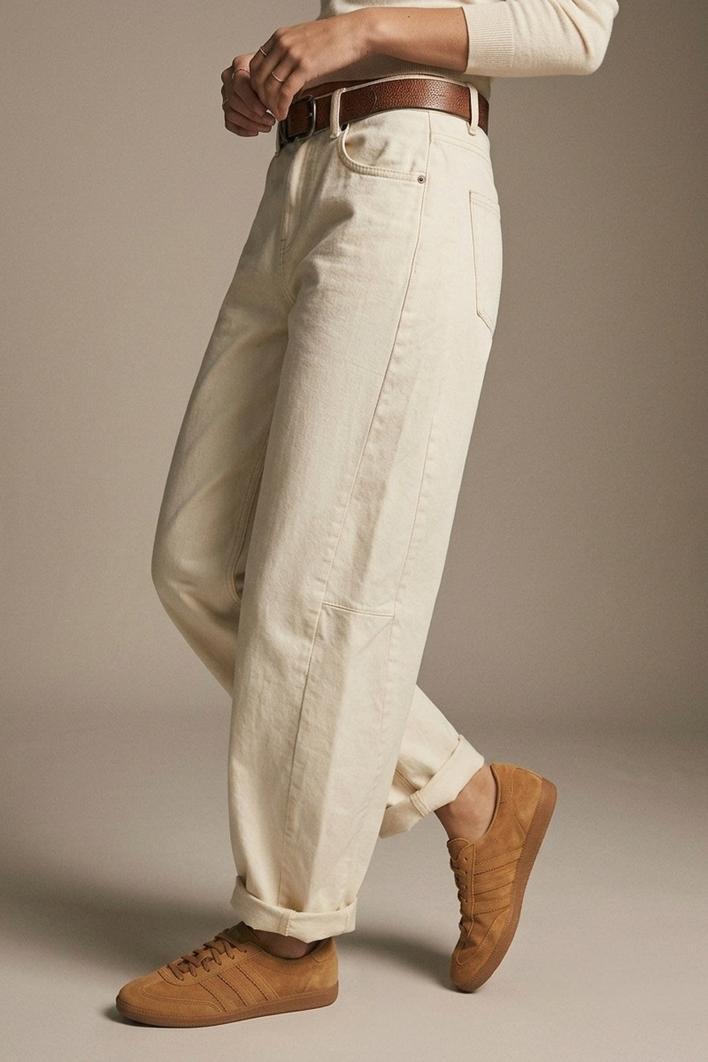 Trendy Cream Barrel Balloon Jeans with Pockets