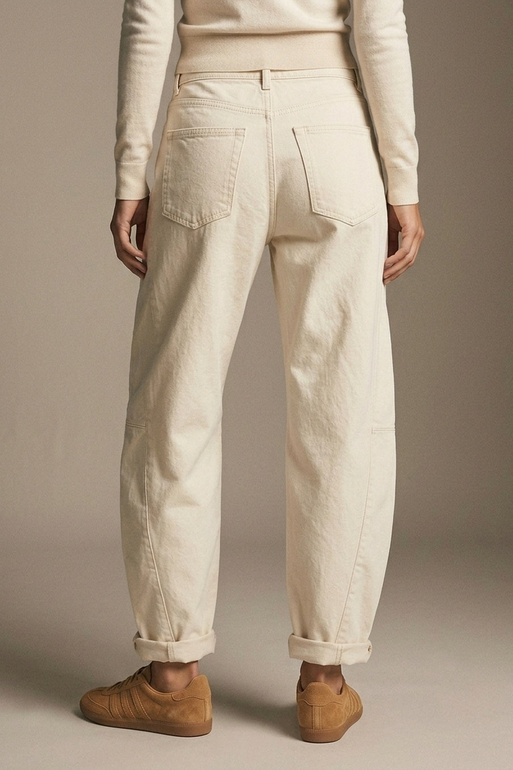 Trendy Cream Barrel Balloon Jeans with Pockets