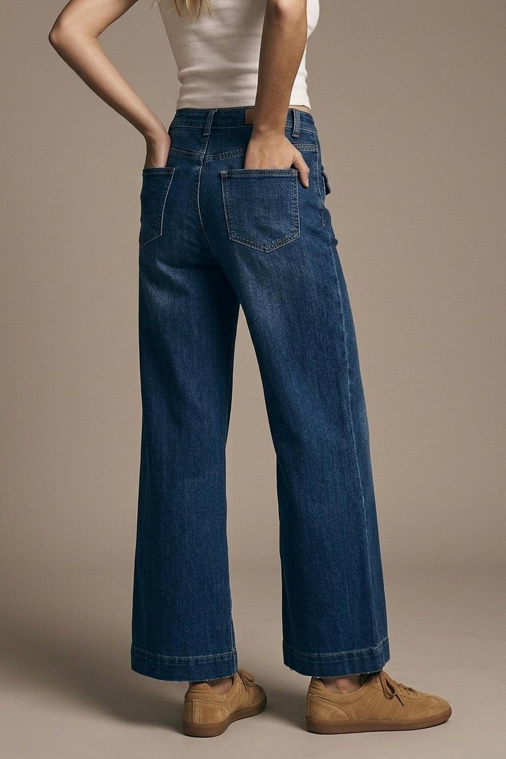 dark wash Blue Wide-Leg Denim Jeans with Button Detail - Denim