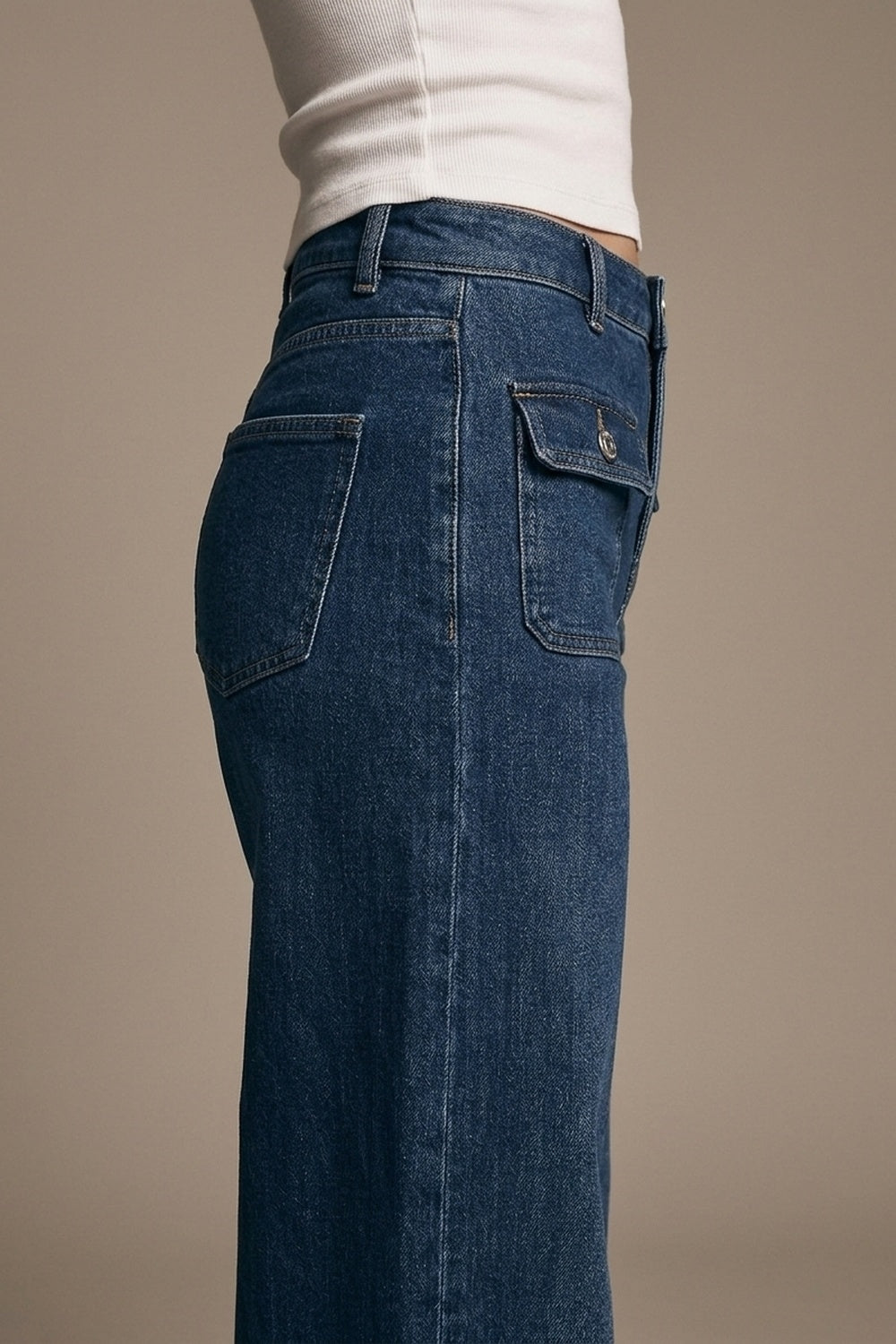 dark wash Blue Wide-Leg Denim Jeans with Button Detail - Denim