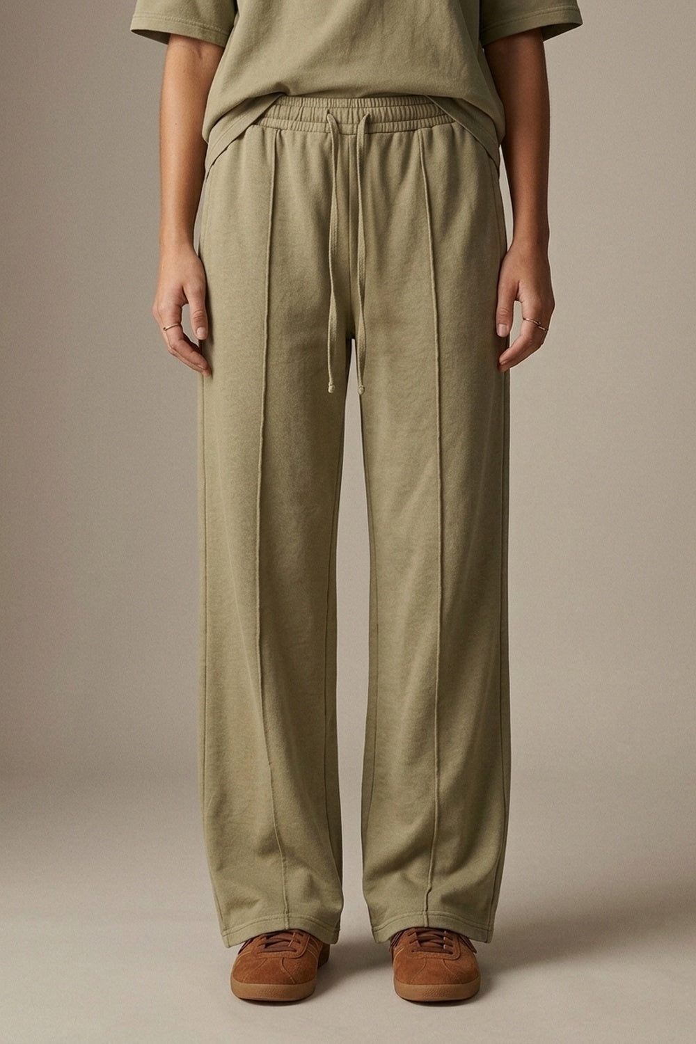 Khaki Cotton Wide Leg Elastic Waist Relaxed Fit Pants