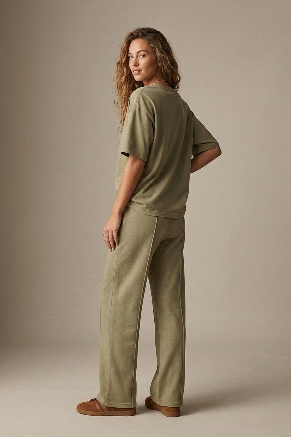 Khaki Cotton Wide Leg Elastic Waist Relaxed Fit Pants - trousers