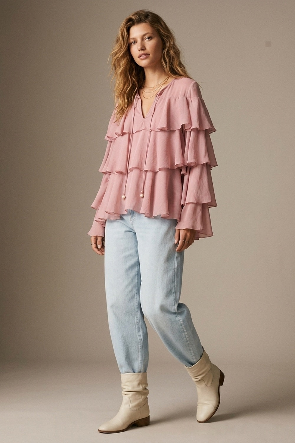 Pink Chiffon Tiered Ruffle Tie-Neck Flared Blouse Top - Shirts