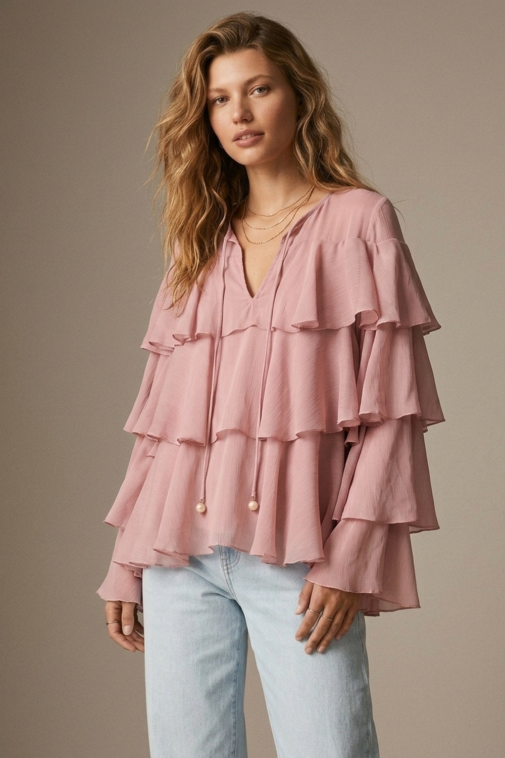 Pink Chiffon Tiered Ruffle Tie-Neck Flared Blouse Top - Shirts
