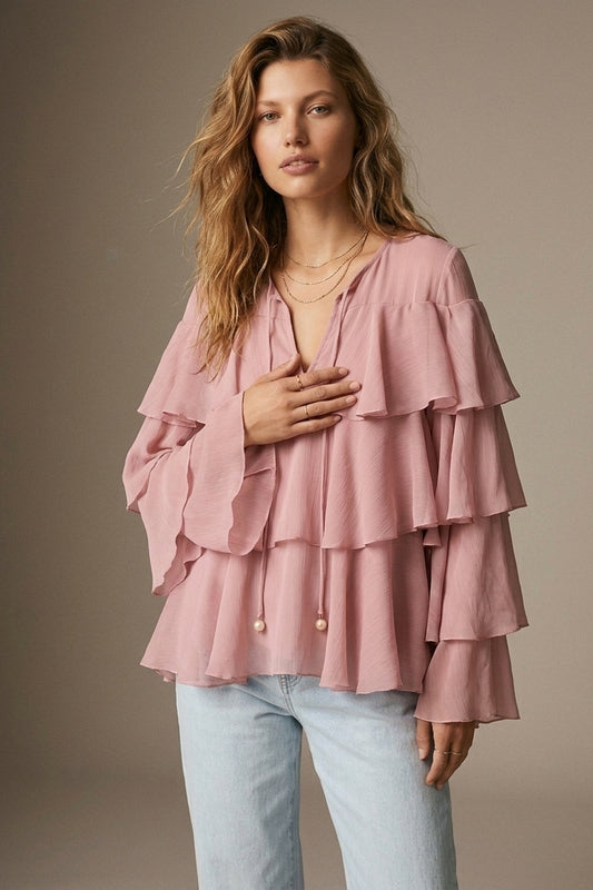Pink Chiffon Tiered Ruffle Tie-Neck Flared Blouse Top - Shirts