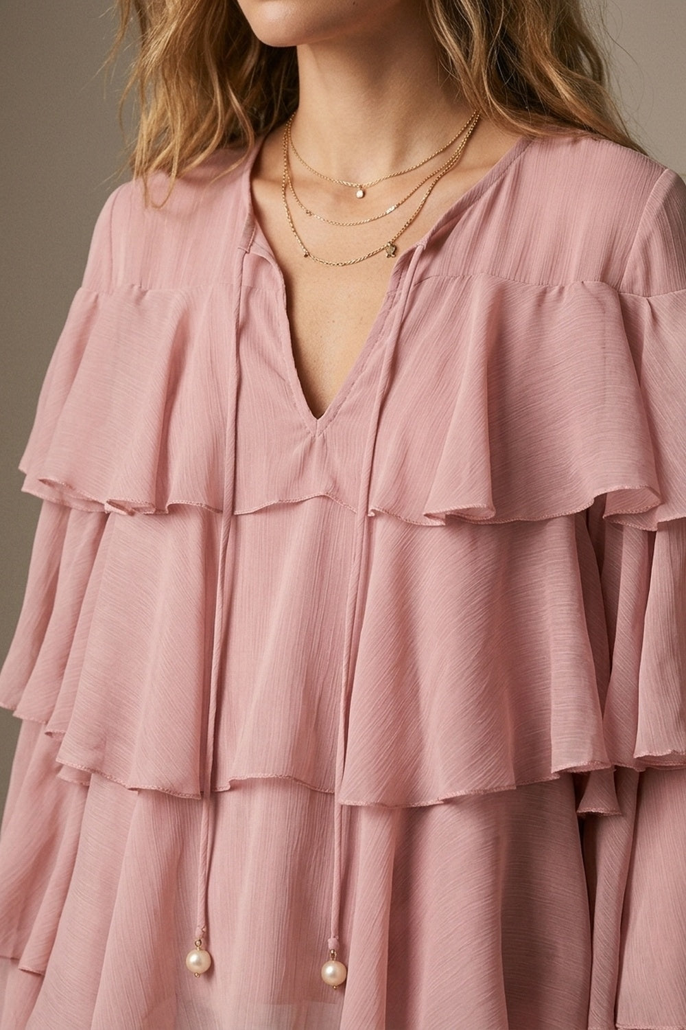 Pink Chiffon Tiered Ruffle Tie-Neck Flared Blouse Top - Shirts