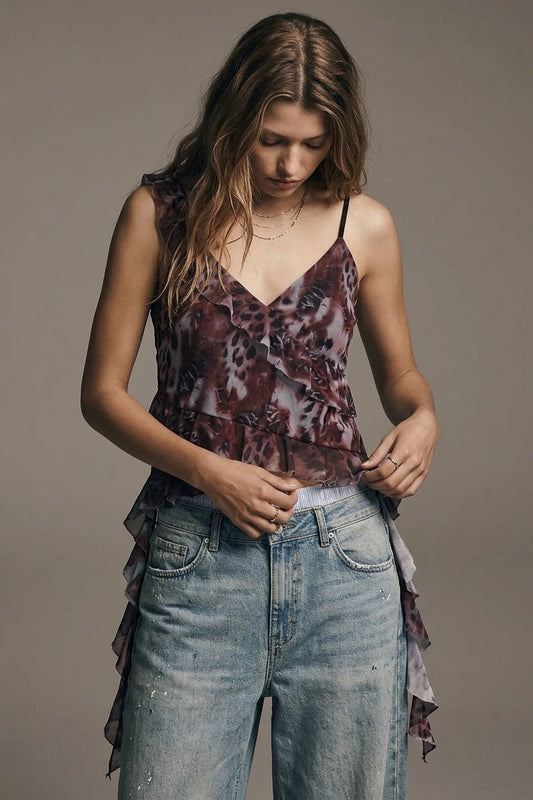 Animal Print Burgundy mesh Crop Top With Asymmetric Ruffle Detail - top