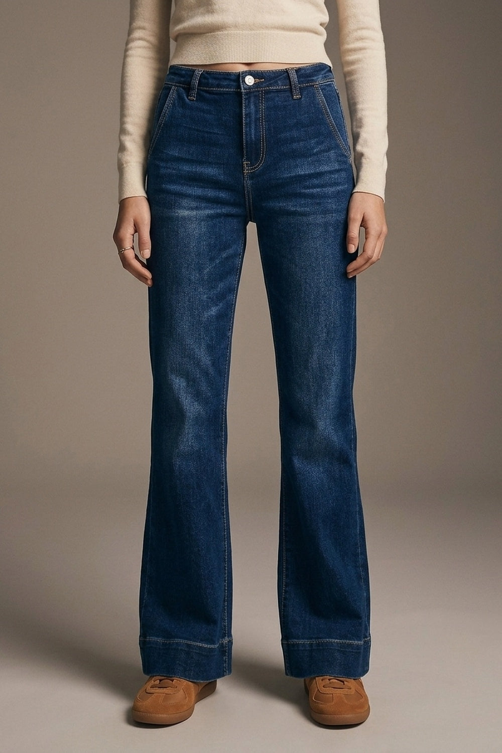 High waist Dark Blue Flare Jeans - Denim
