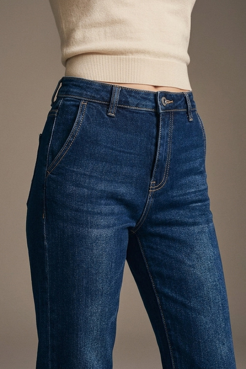 High waist Dark Blue Flare Jeans - Denim