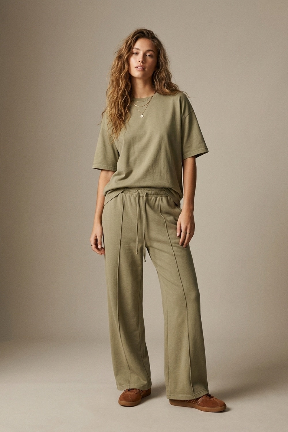 Khaki Cotton Wide Leg Elastic Waist Relaxed Fit Pants - trousers