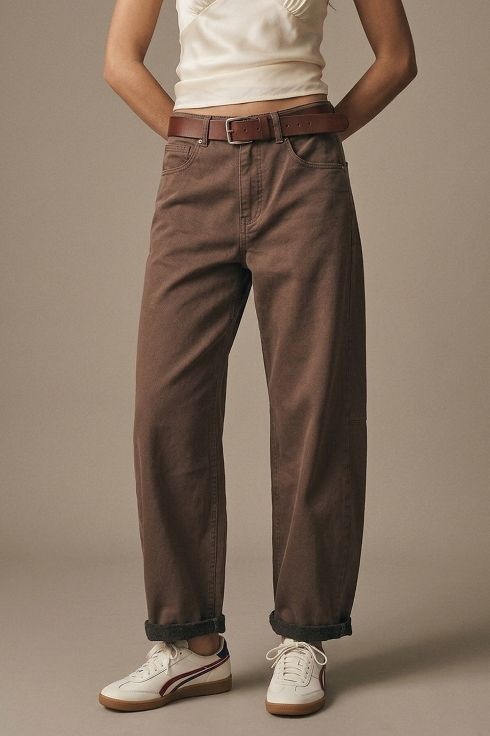 Relaxed Fit Straight Barrel Leg Pants in fango color