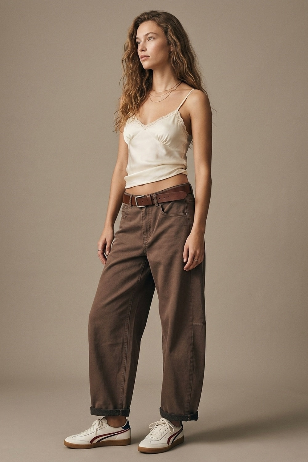 Relaxed Fit Straight Barrel Leg Pants in fango color