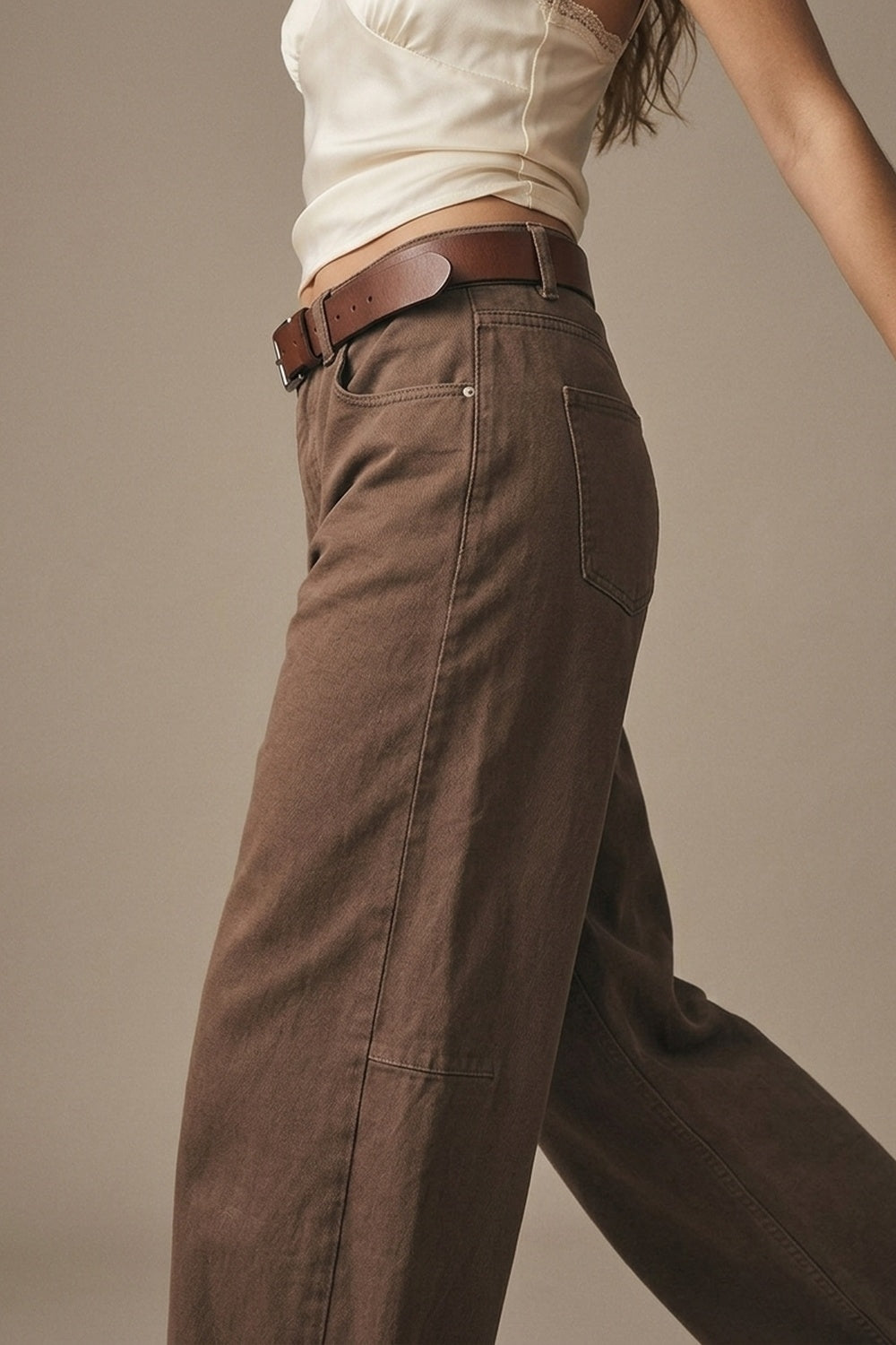 Relaxed Fit Straight Barrel Leg Pants in fango color