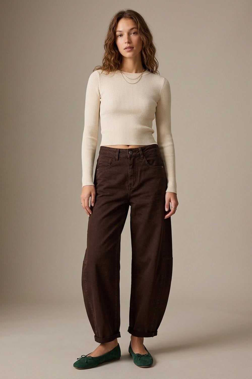 Relaxed Fit Straight Barrel Leg Pants in choco color