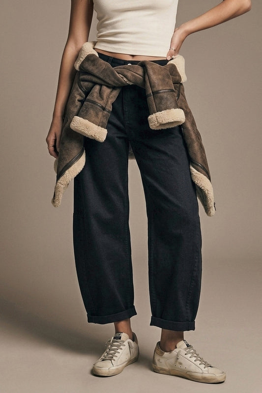 Trendy Black Barrel Balloon Jeans with Pockets