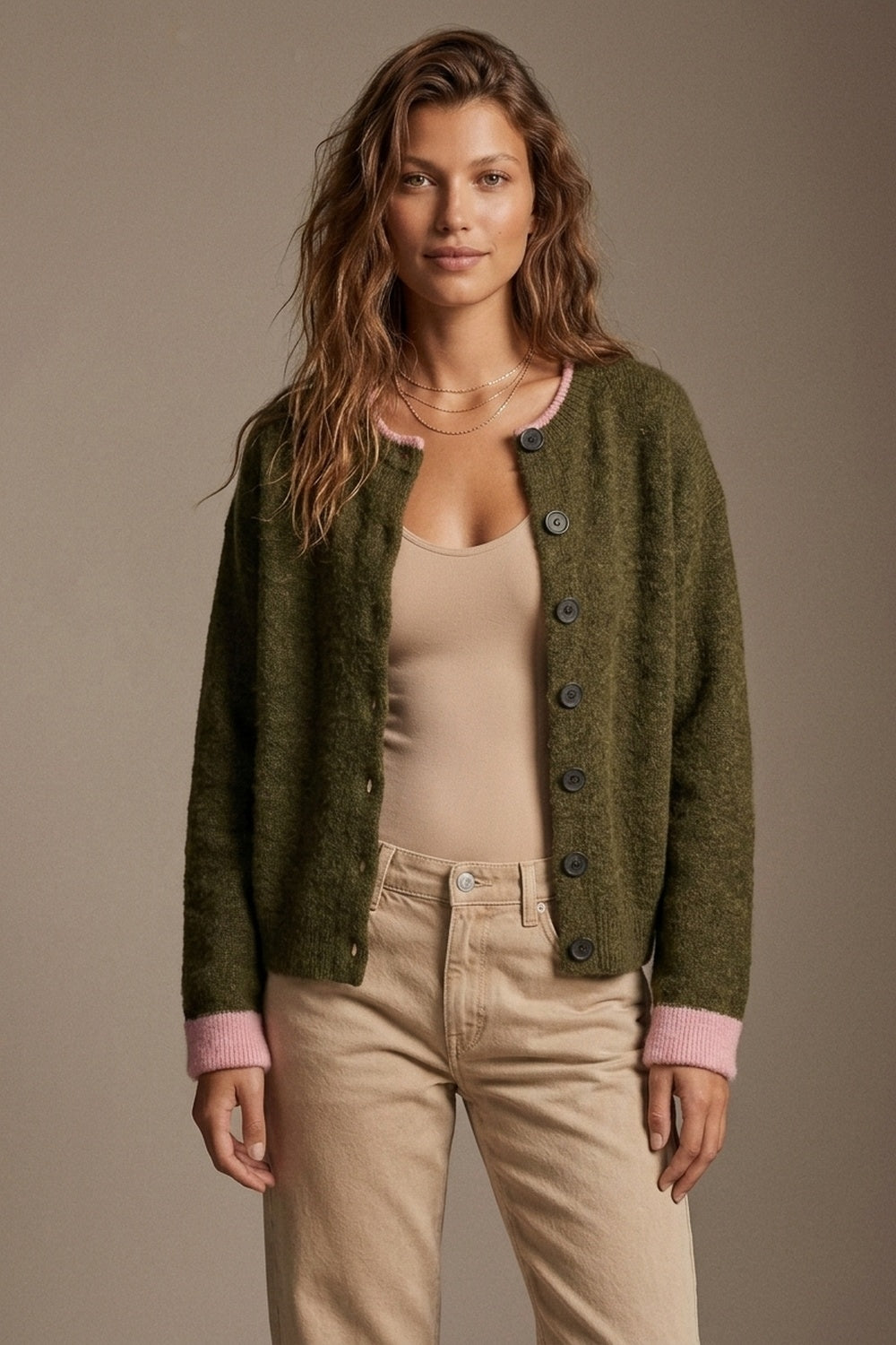Olive Fine Knit Pink Ribbed Trim Button Cardigan - cardigan