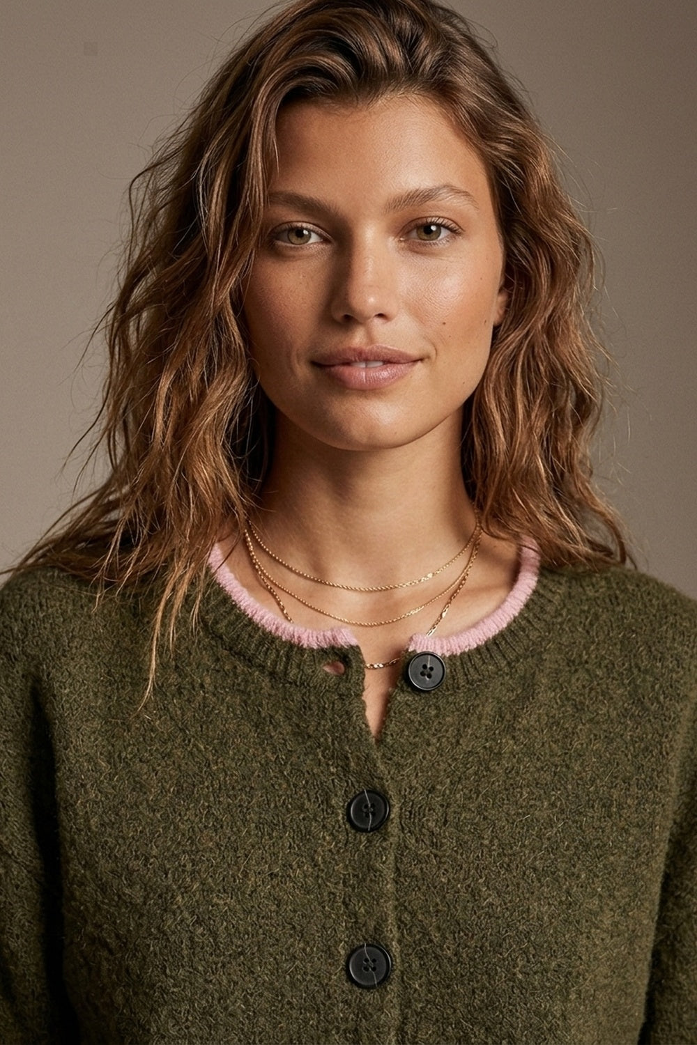 Olive Fine Knit Pink Ribbed Trim Button Cardigan - cardigan