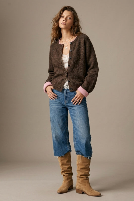 Brown Soft Knit pink Contrast Trim Button Cardigan Sweater - cardigan