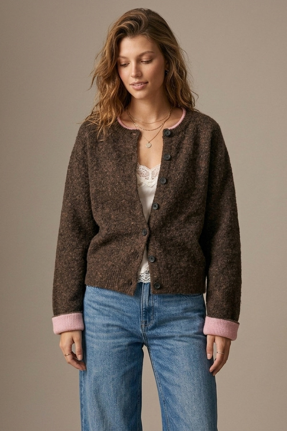 Brown Soft Knit pink Contrast Trim Button Cardigan Sweater - cardigan