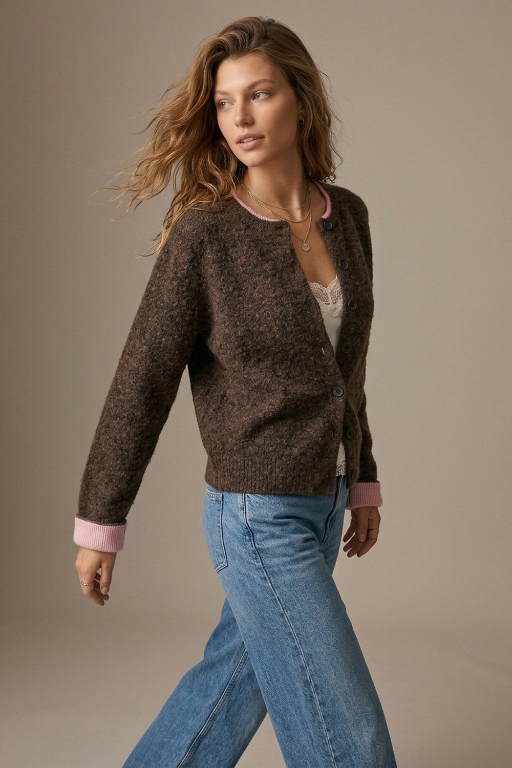 Brown Soft Knit pink Contrast Trim Button Cardigan Sweater - cardigan
