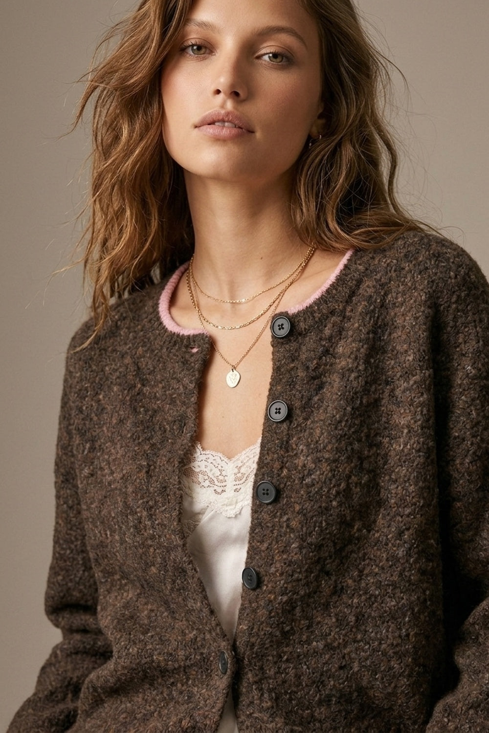 Brown Soft Knit pink Contrast Trim Button Cardigan Sweater - cardigan