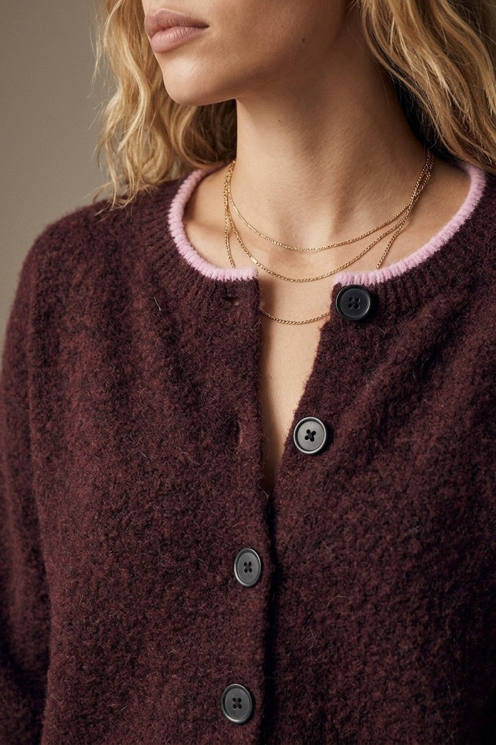 Burgundy Soft Knit Contrast Trim Button Cardigan Sweater - cardigan