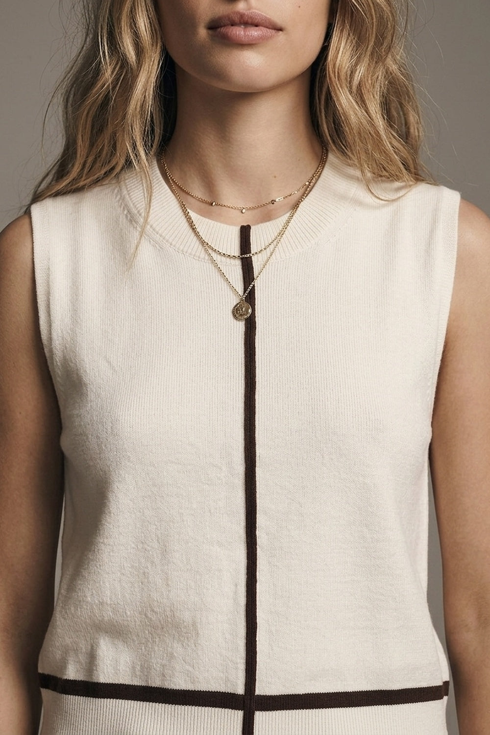 Cream Fine Knit Contrast Trim Sleeveless Sweater - jumper