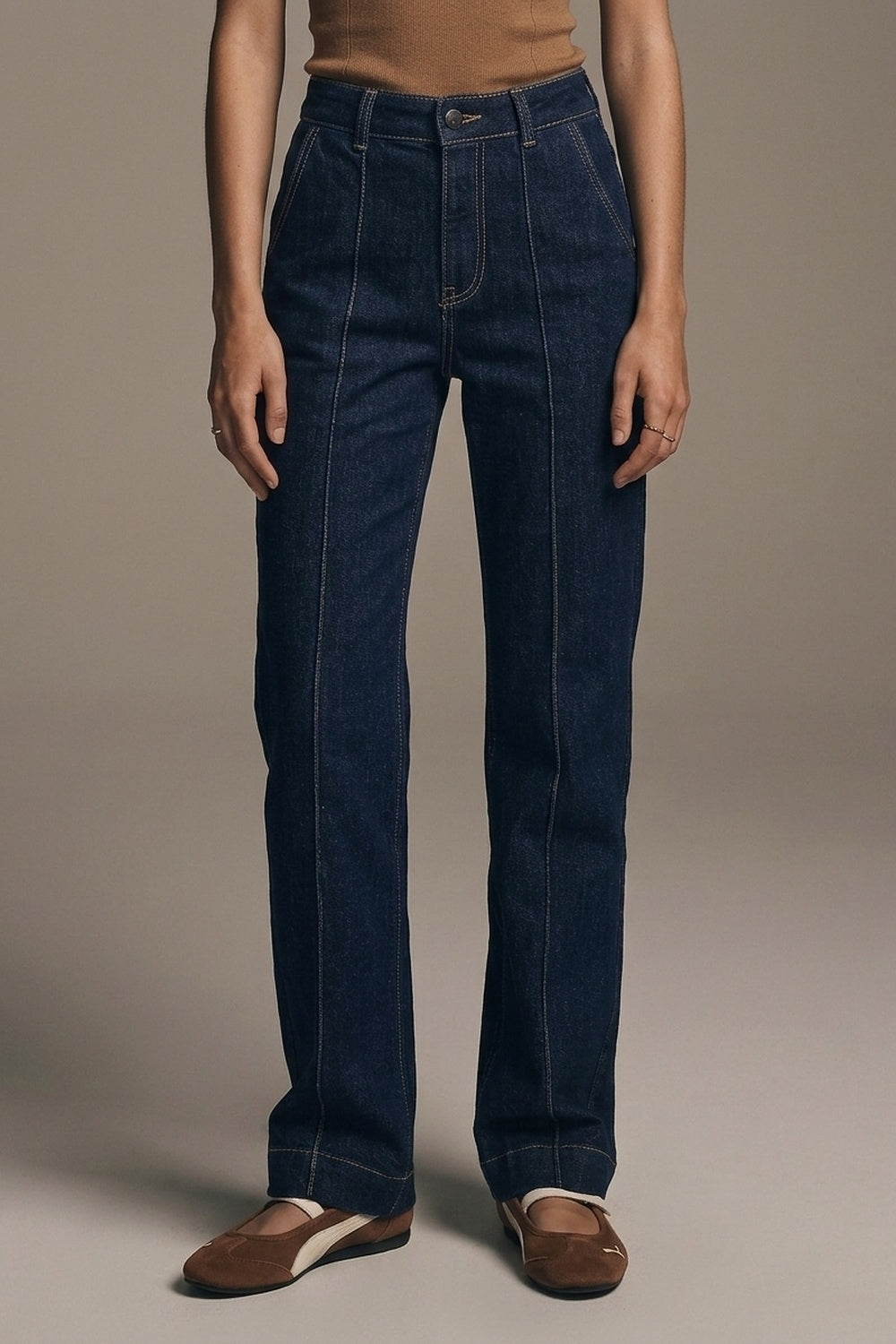 Long Straight Dark Blue Jeans With Contrast Stitching - Jeans