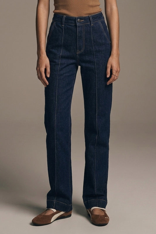 Long Straight Dark Blue Jeans With Contrast Stitching - Jeans