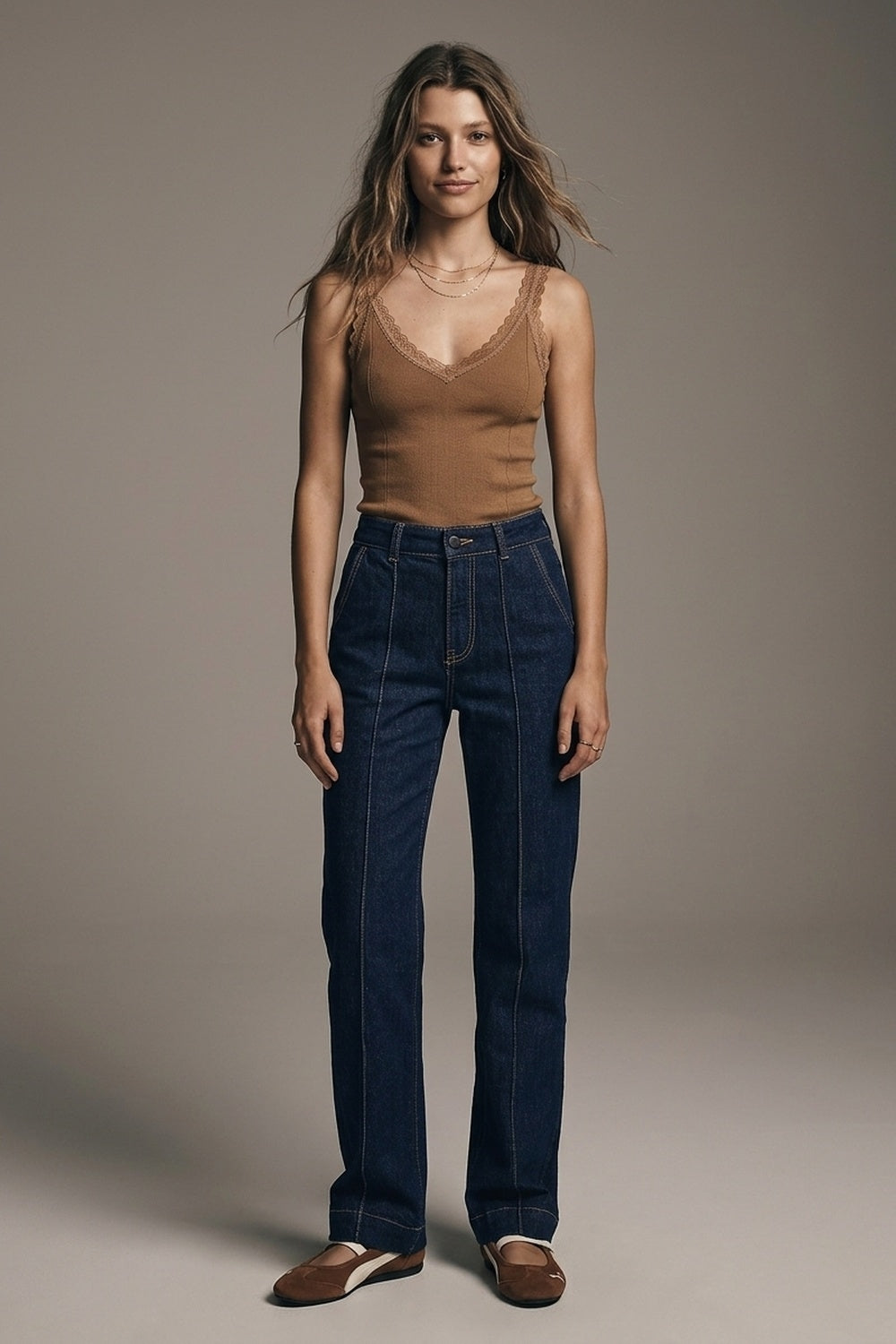 Long Straight Dark Blue Jeans With Contrast Stitching - Jeans