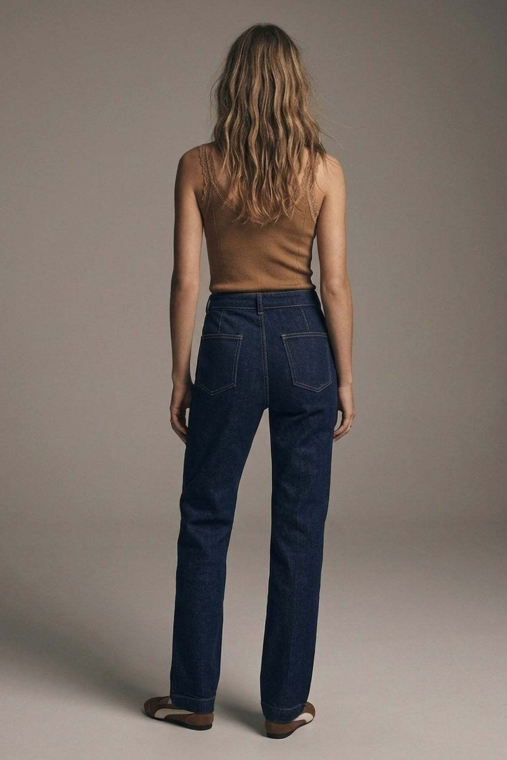 Long Straight Dark Blue Jeans With Contrast Stitching - Jeans