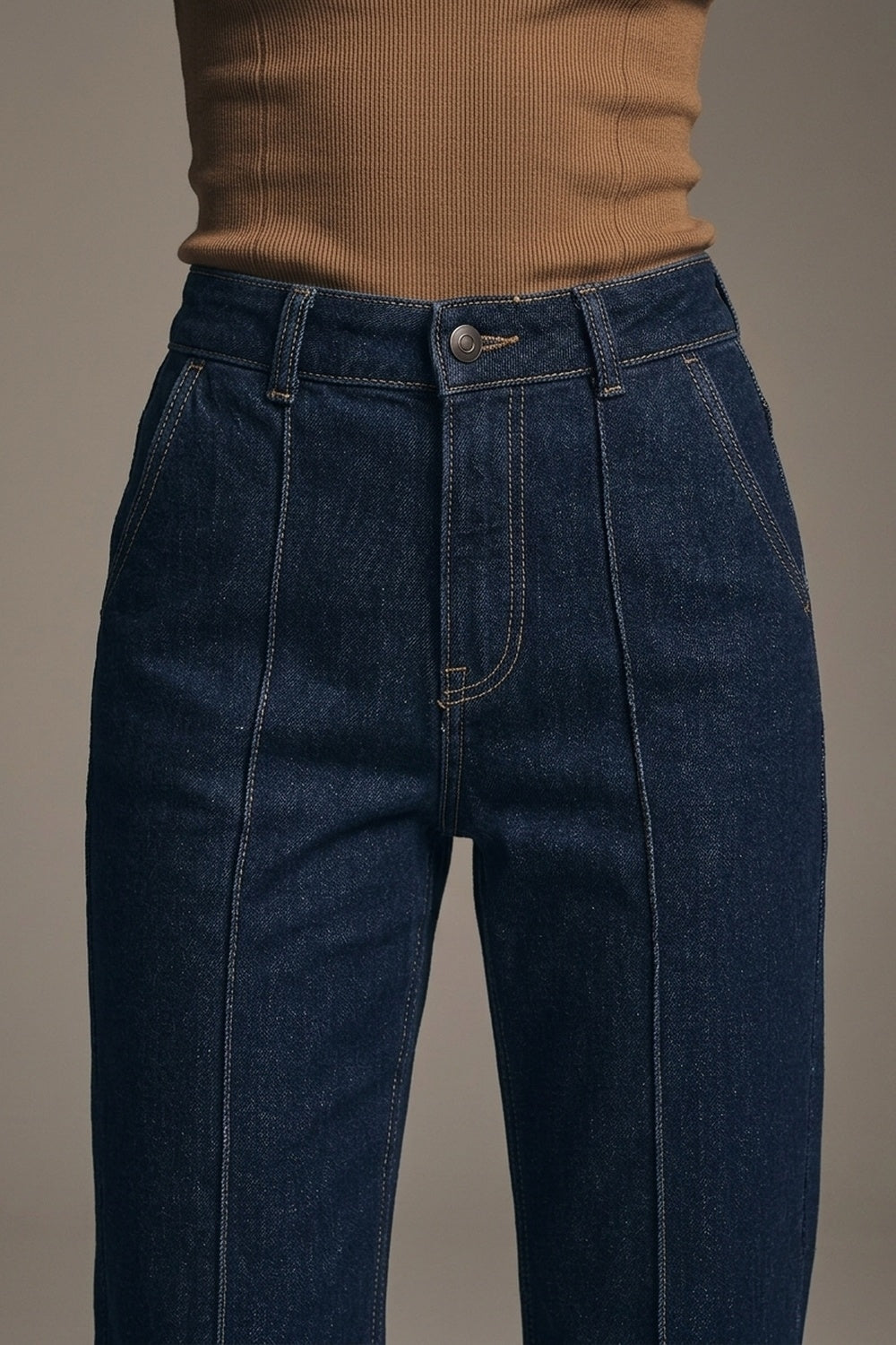 Long Straight Dark Blue Jeans With Contrast Stitching - Jeans