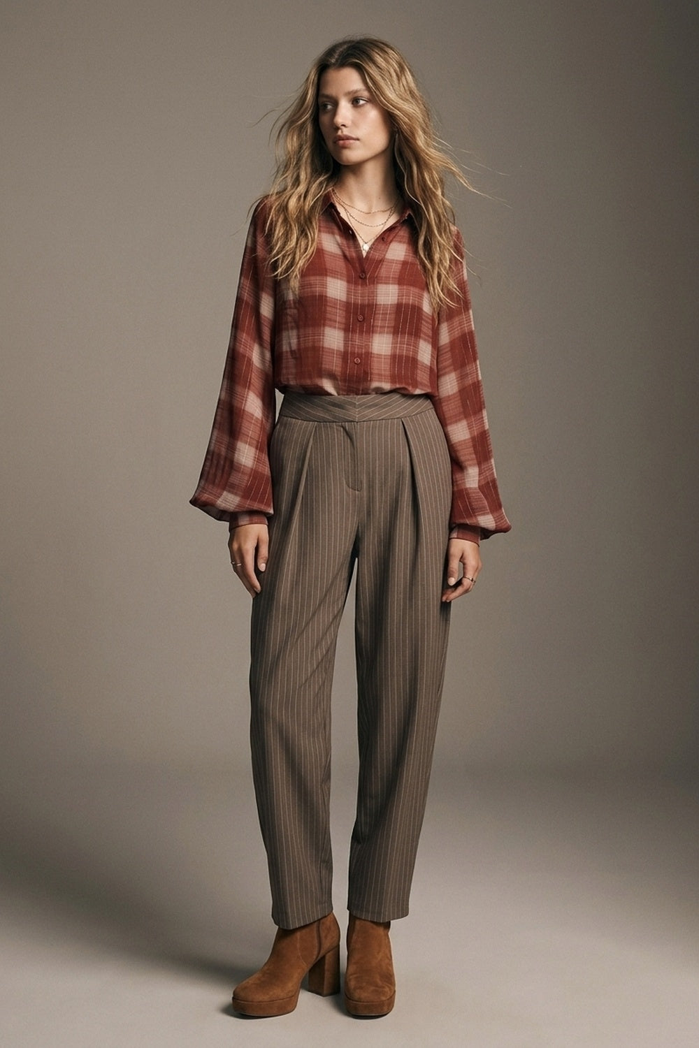 Brown Pinstripe soft Woven Pleated Tapered Pants - trousers