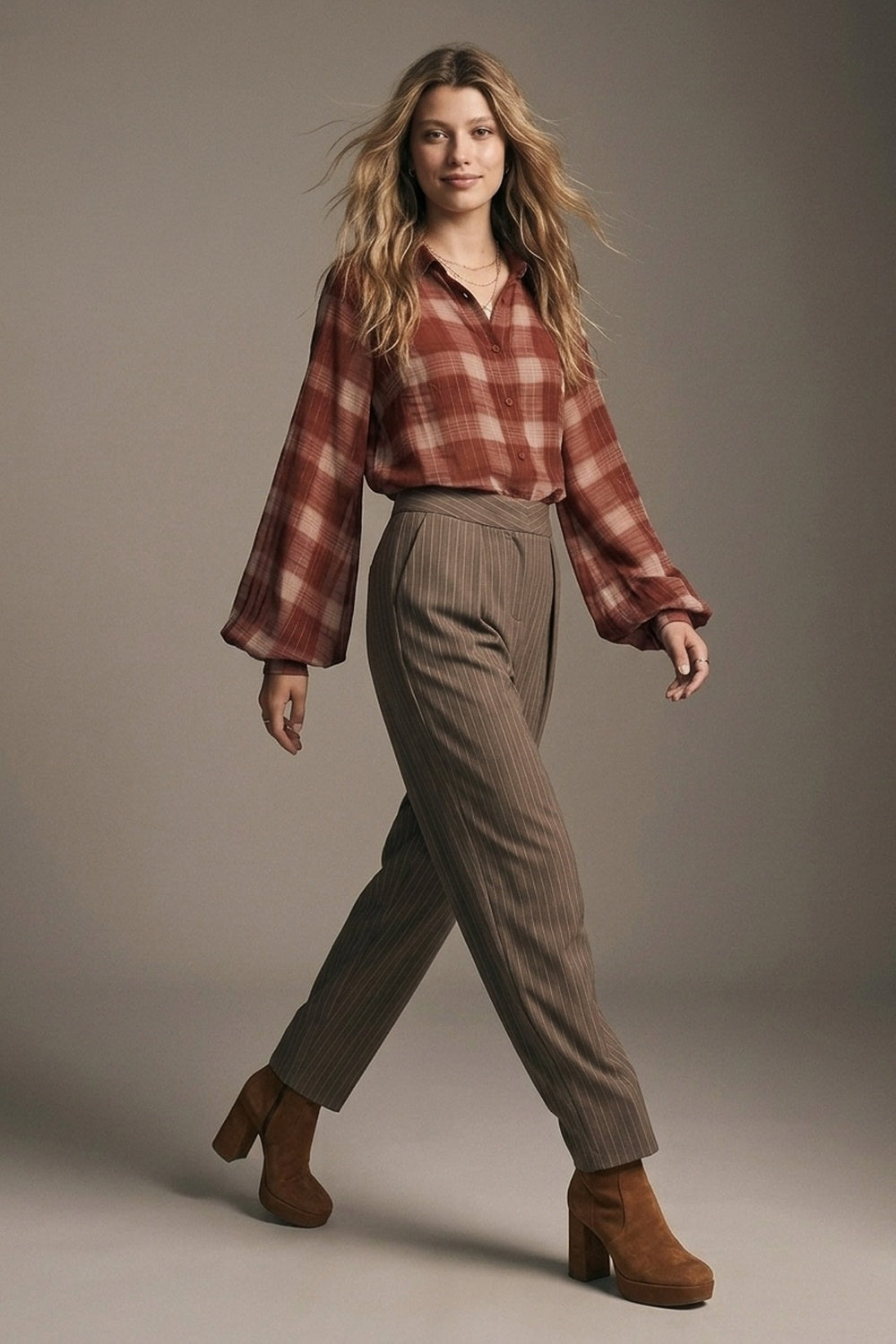 Brown Pinstripe soft Woven Pleated Tapered Pants - trousers
