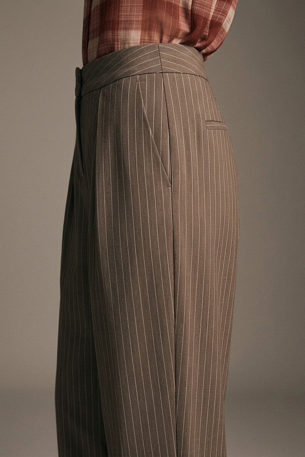 Brown Pinstripe soft Woven Pleated Tapered Pants - trousers