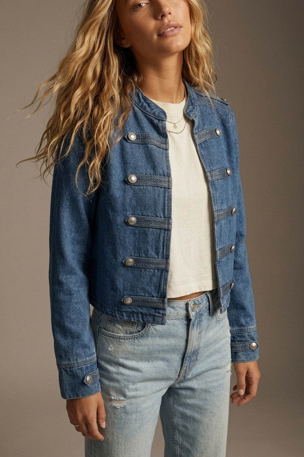Denim Blue Rigid Non-Stretch Military Button Cropped Jacket - blazer