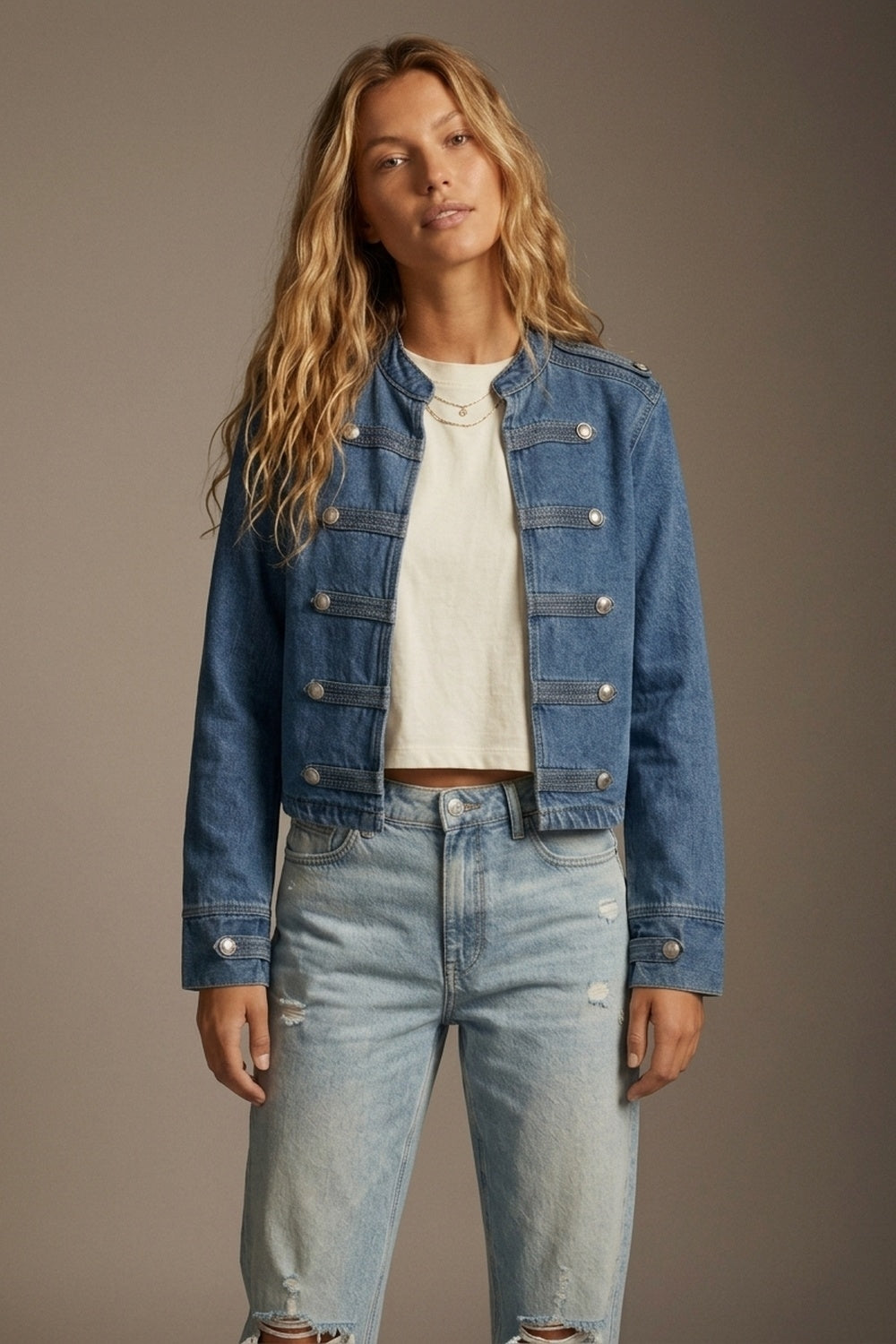 Denim Blue Rigid Non-Stretch Military Button Cropped Jacket - blazer