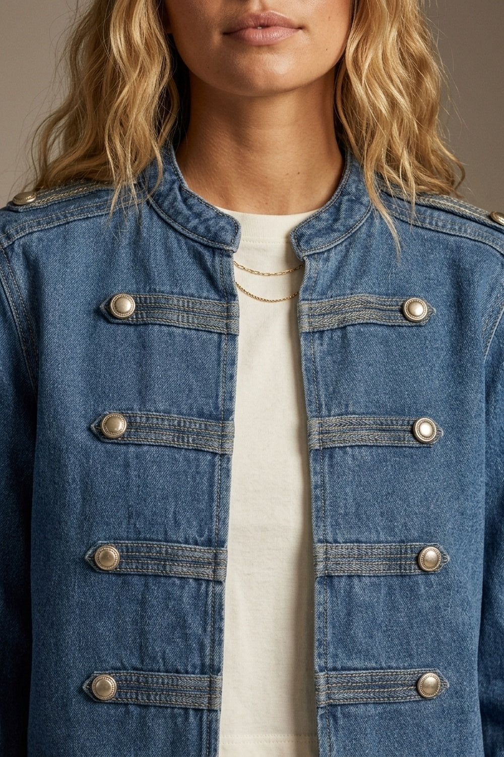 Denim Blue Rigid Non-Stretch Military Button Cropped Jacket - blazer
