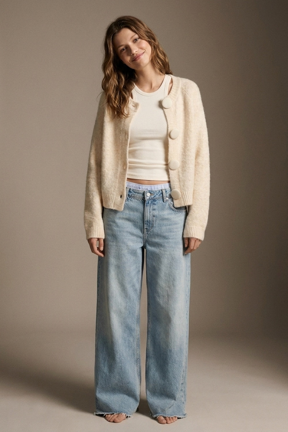 Cream fluffy Knit Round Neck Button Front Cardigan - cardigan