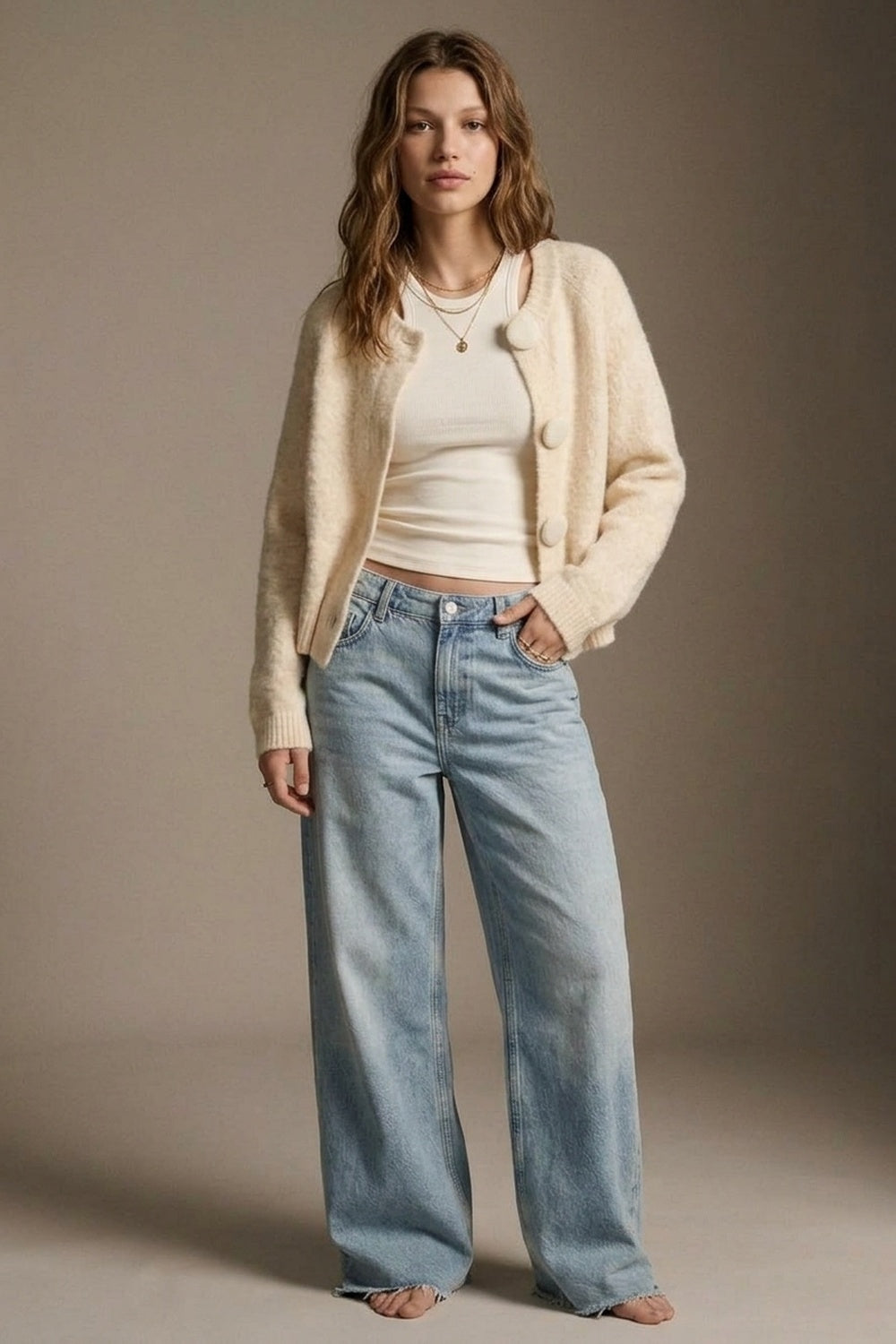 Cream fluffy Knit Round Neck Button Front Cardigan - cardigan