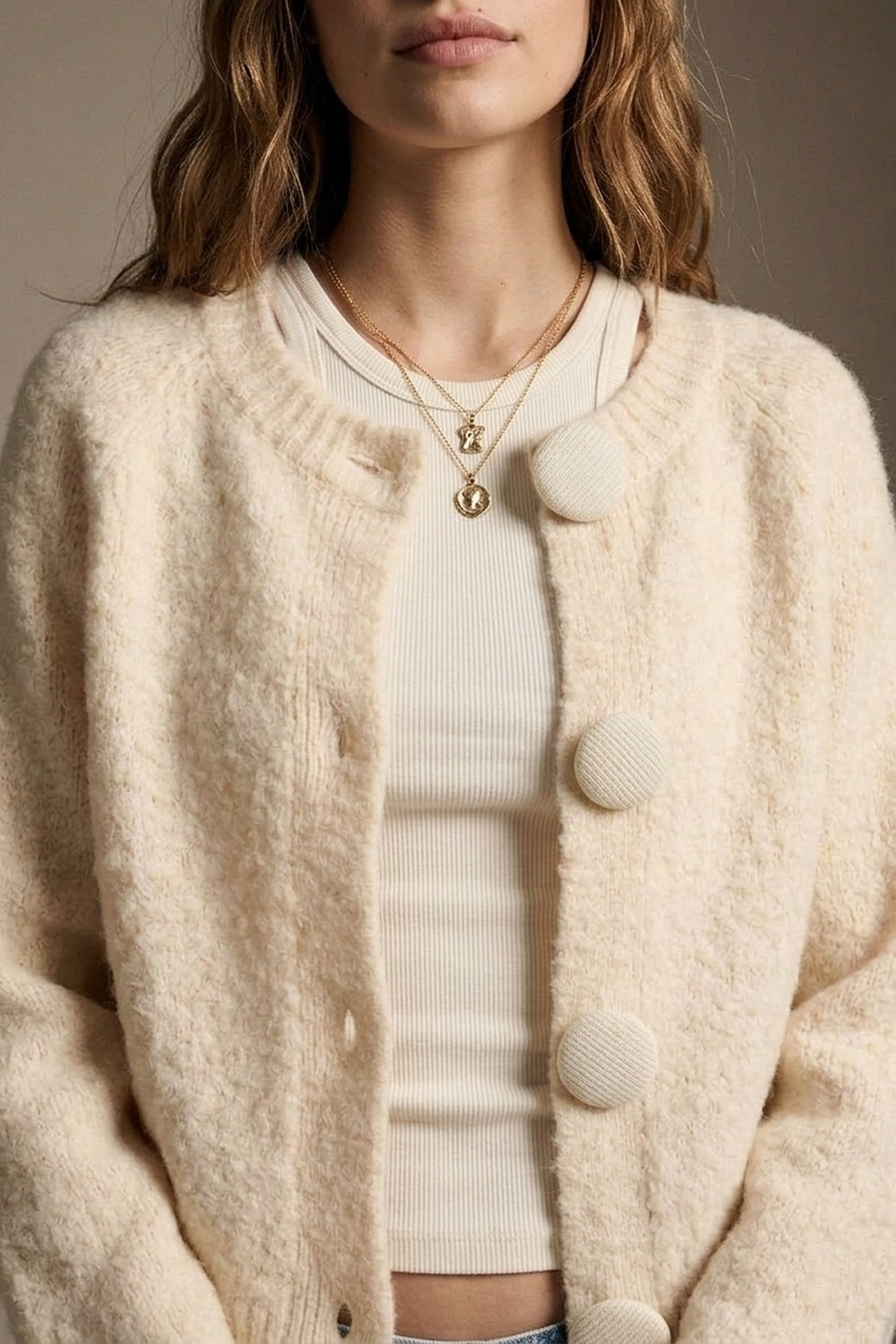 Cream fluffy Knit Round Neck Button Front Cardigan - cardigan