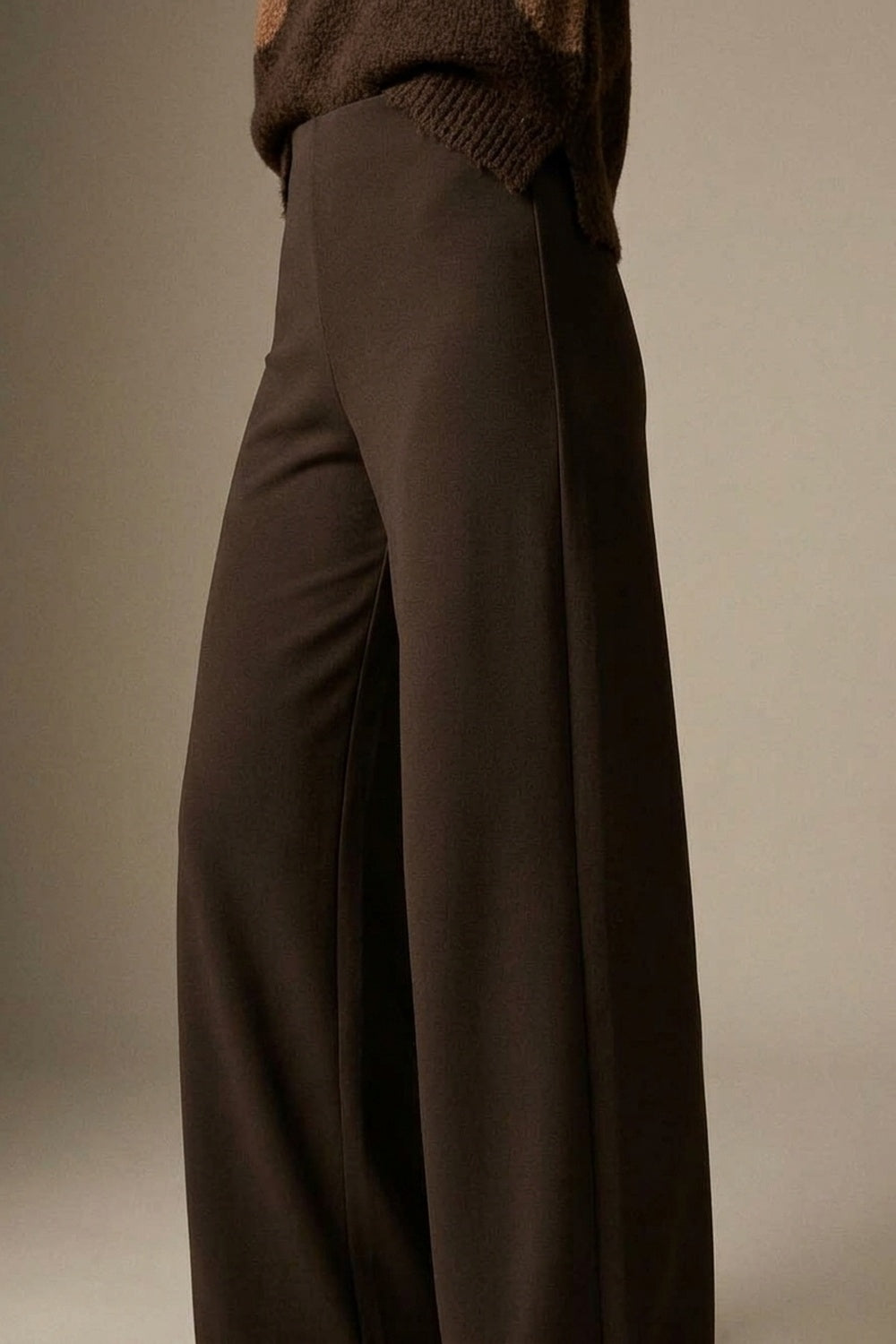 chocolate Brown Wide-Leg Stretch Knit Pants without waistband - trousers