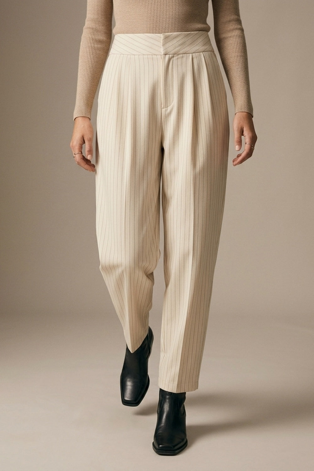 Cream Pinstripe soft Woven Pleated Tapered Pants - trousers