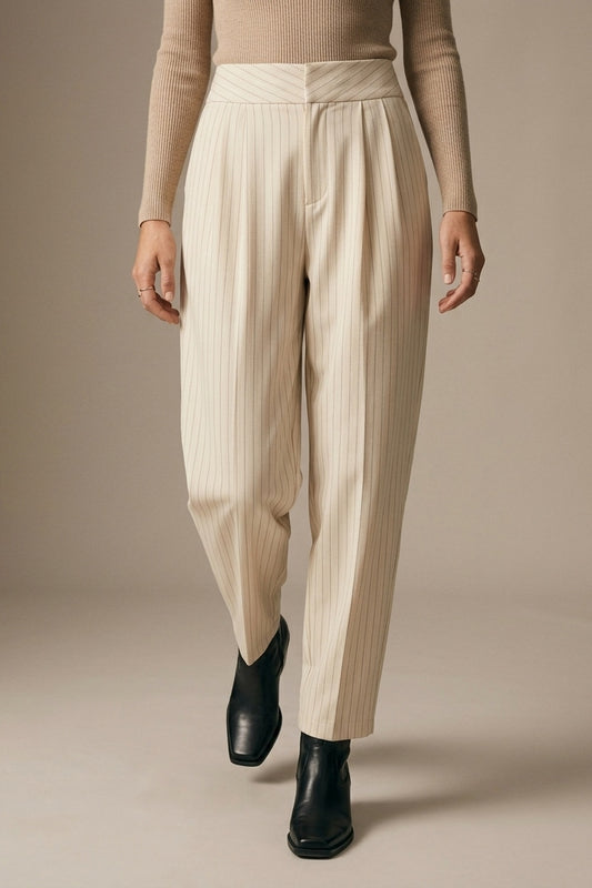 Cream Pinstripe soft Woven Pleated Tapered Pants - trousers