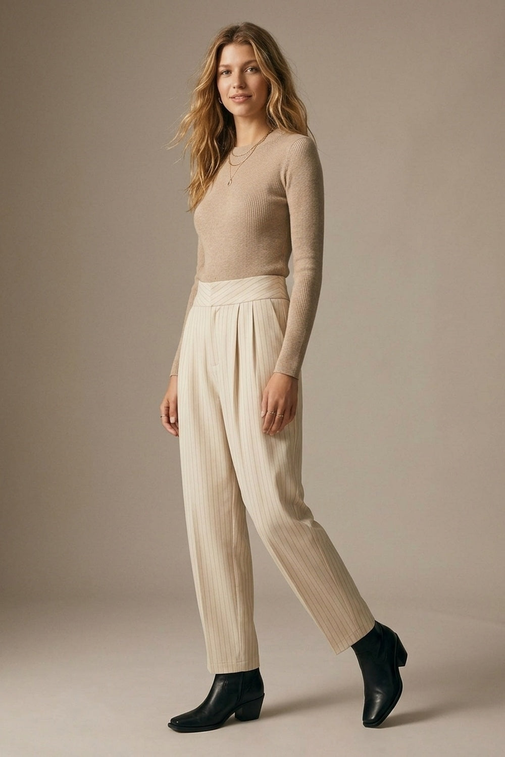 Cream Pinstripe soft Woven Pleated Tapered Pants - trousers