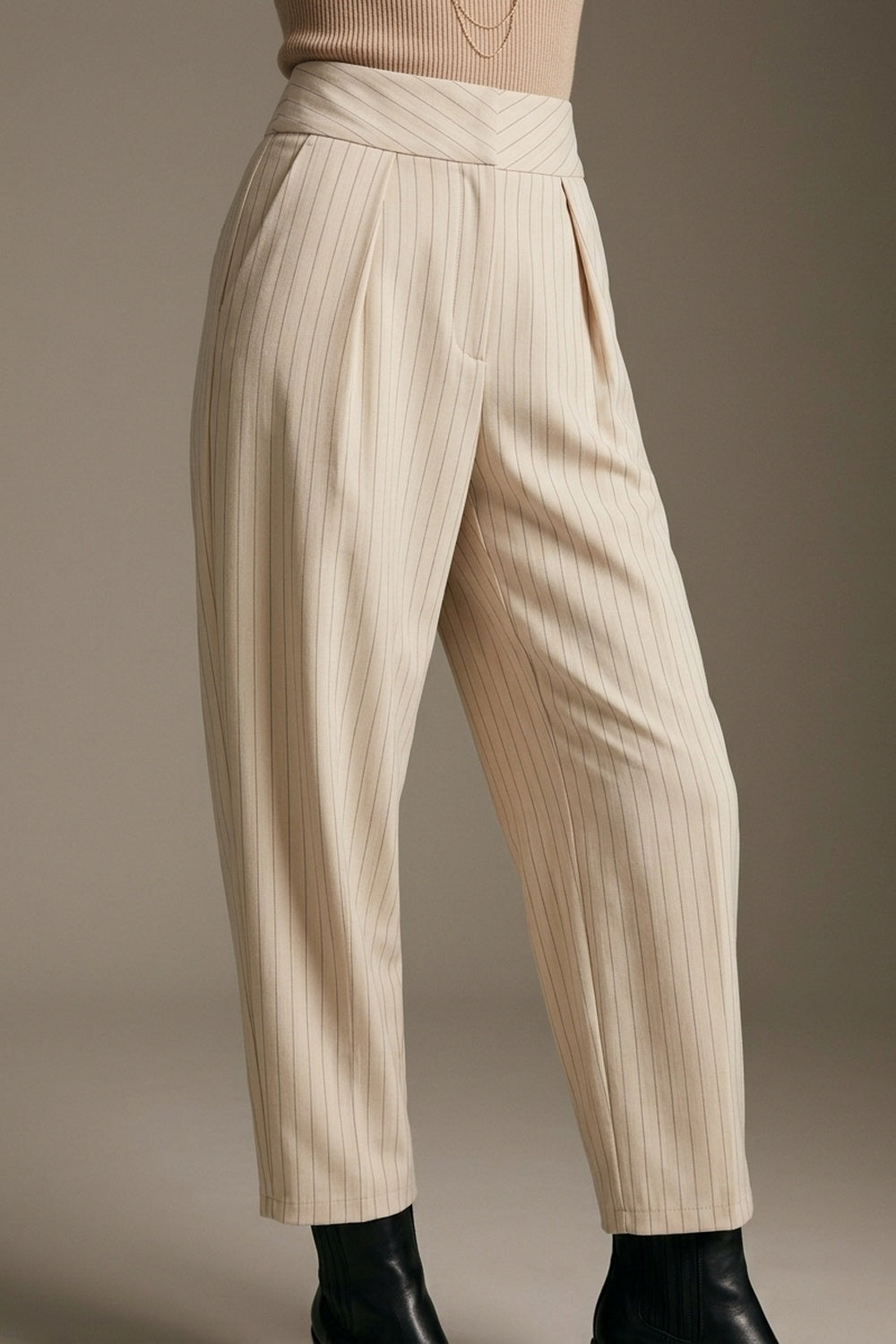 Cream Pinstripe soft Woven Pleated Tapered Pants - trousers
