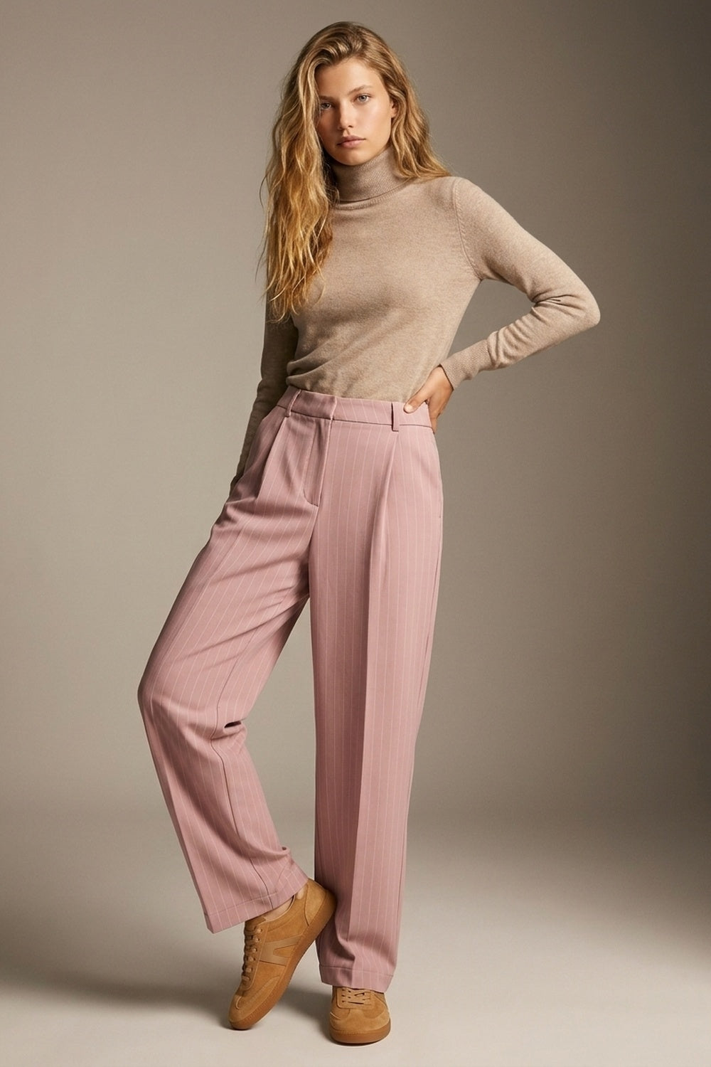 stripe Lightweight Woven Pleated Wide Leg Pants in pink - trousers