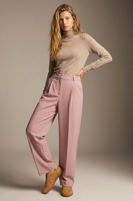 stripe Lightweight Woven Pleated Wide Leg Pants in pink - trousers